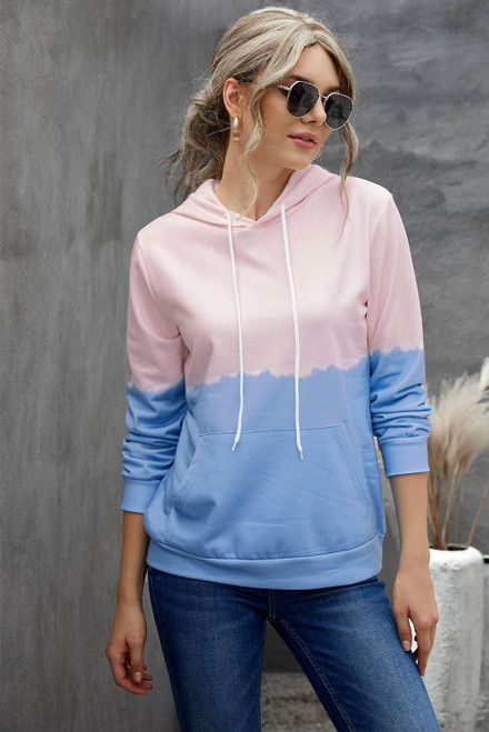 Sky Blue Dip-Dye Colorblock Drawstring Hoodie with Pockets