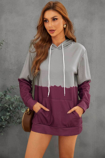 Burgundy Dip-Dye Colorblock Drawstring Hoodie with Pockets