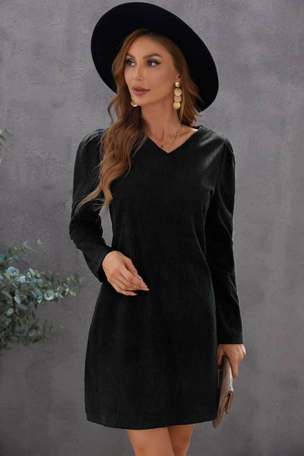 Black Long Puff Sleeve Ribbed Mini Dress