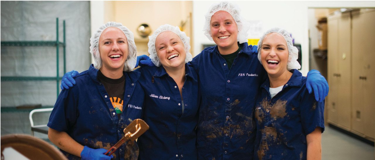 Cal Poly student employees making chocolate 