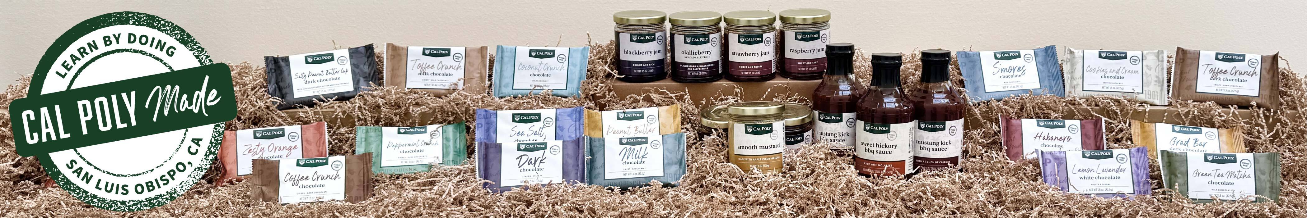 All varieties of Cal Poly student made chocolates, jams and sauces
