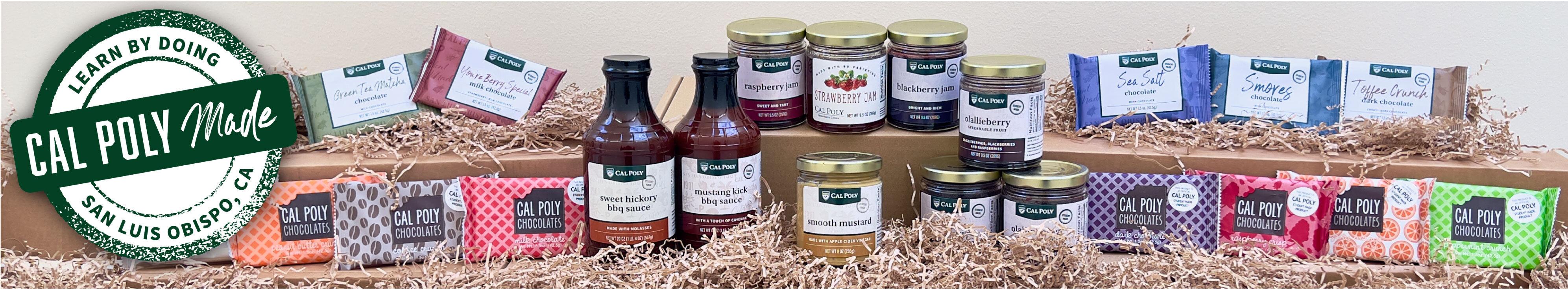 All varieties of Cal Poly student made chocolates, jams and sauces