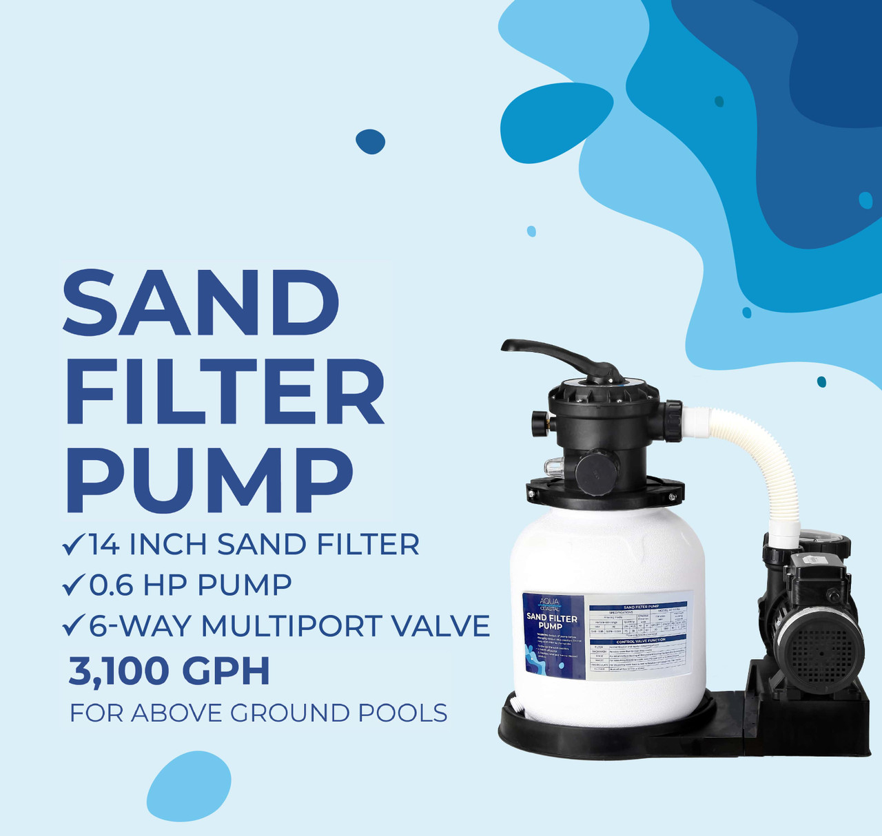 Aqua Coastal 14" Sand Filter/ 0.6 HP Pump, Above Ground System