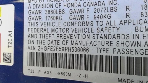 2022 Honda Civic Passenger Dash Used OEM Airbag