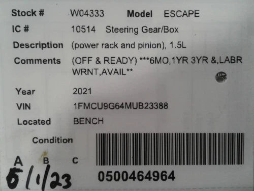 Steering Gear/Rack Power Rack And Pinion Fits 20 ESCAPE 1661114 used OEM rack and pinion