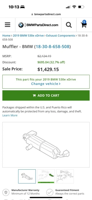 2017-2019 BMW 530i Right/Passenger Rear Used OEM Exhaust Muffler