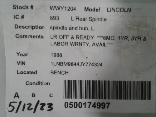1988 Lincoln Continental Rear Left/Driver With Hub Used OEM Steering Knuckle Spindle