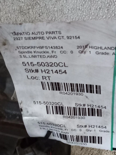 2014-2019 Toyota Highlander 4201930 Front Left/Driver Used OEM Steering Knuckle Spindle