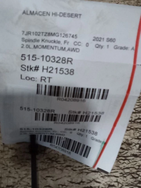 2019-2024 Volvo S60 4208916 Front Right/Passenger Used OEM Steering Knuckle Spindle