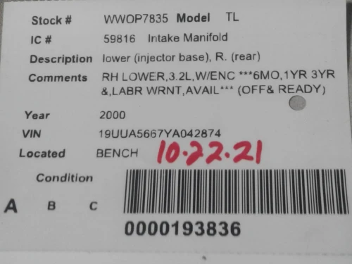 2000 Acura TL Lower Right Used Intake Manifold