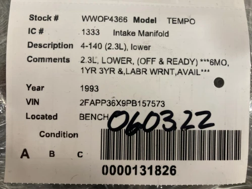 1993 Ford Tempo 2.3L Lower Used Intake Manifold