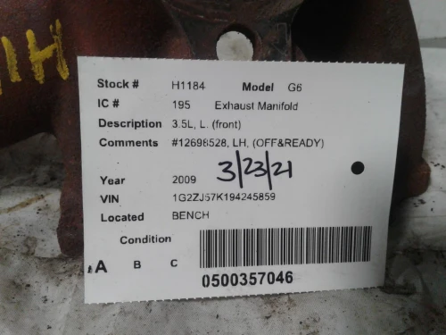 2009 Pontiac G6 3.5L Front Used Exhaust Manifold