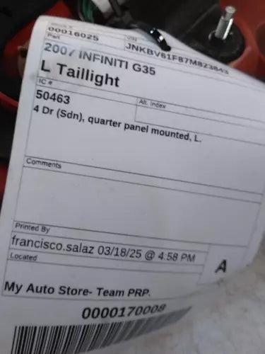 2007 Infiniti G35 4 Dr Sdn Quarter Used OEM Left Tail Light Assembly used OEM tail light assembly