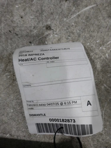 2018 Subaru Impreza 2.0L Manual Temperature Contr Used OEM A/C Selector Switch used OEM A/C climate control module