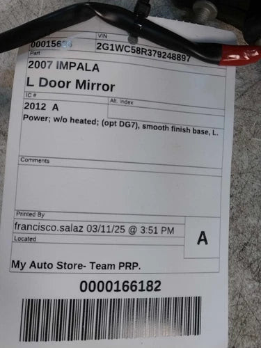 2007 Chevrolet Impala Power Non-Heated Opt DG7 Left Used OEM Left Door Mirror used OEM door mirror