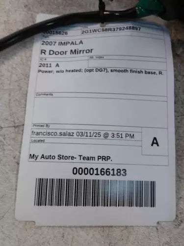 2007 Chevrolet Impala Power W/O Heated Opt DG7 Smoo Used OEM Right Door Mirror used OEM door mirror