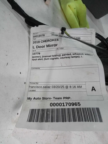 2019 Jeep Cherokee Power Manual Folding Painted Heat Used OEM Left Door Mirror used OEM door mirror