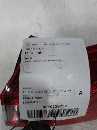 2018 Chevrolet Cruze Sedan Quarter Panel Mo Used OEM Right Tail Light Assembly used OEM tail light assembly