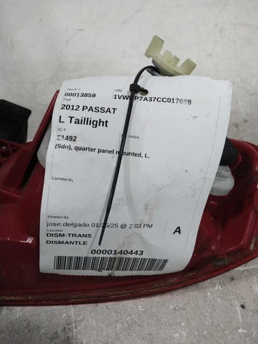 2012 Volkswagen Passat Sdn Quarter Panel Mou Used OEM Left Tail Light Assembly used OEM tail light assembly