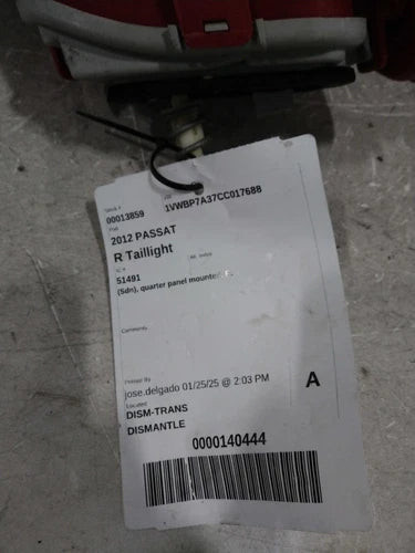 2012 Volkswagen Passat Sdn Quarter Panel Mo Used OEM Right Tail Light Assembly used OEM tail light assembly