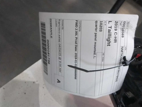 2019 Toyota C-Hr Quarter Panel Mounted Left Used OEM Left Tail Light Assembly used OEM tail light assembly