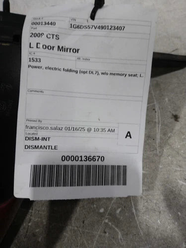 2009 Cadillac Cts Power Sdn Electric Folding Opt DL7 Used OEM Left Door Mirror used OEM door mirror