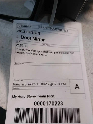2012 Ford Fusion Power W/O Blind Spot Alert W/O Pudd Used OEM Left Door Mirror used OEM door mirror