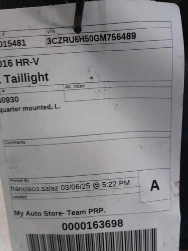 2016 Honda HR-V Left Grey Blemishes Used OEM Tail Lights used OEM tail light assembly