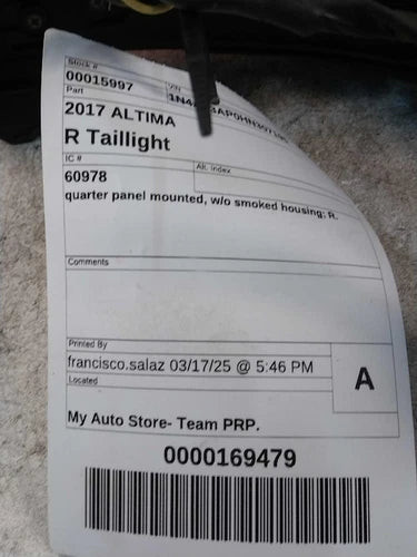 2017 Nissan Altima Right Black 4DR Sl Sr Sv Used OEM Tail Lights used OEM tail light assembly