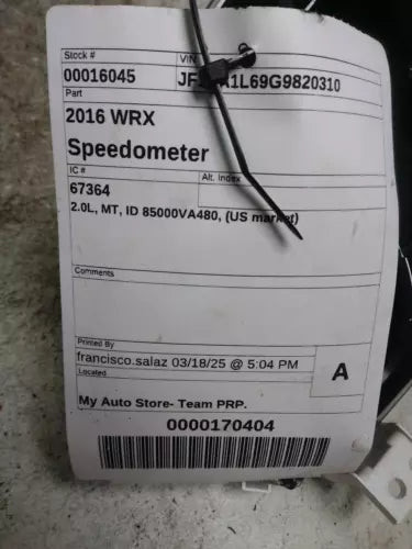 2016 Subaru Wrx 2.0L MT Id 85000VA480 US Market Gra Used OEM Speedometer Gauge used OEM instrument cluster