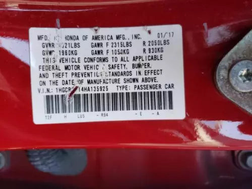 2017 Honda Accord Power Body Colored Sedan W/O Turn Used OEM Left Door Mirror used OEM door mirror