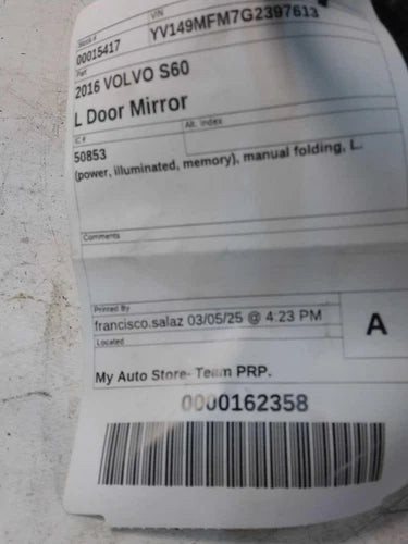 2016 Volvo S60 Power Illuminated Memory Manual Used OEM Left Door Mirror used OEM door mirror