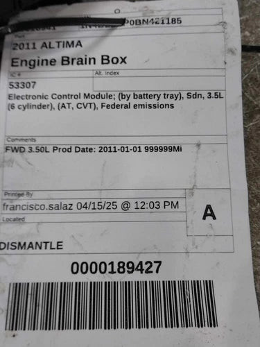 2011 Nissan Altima Electronic Control Mod Used OEM Engine Control Module (ecm) used OEM engine control module
