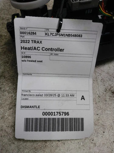 2022 Chevrolet Trax W/AC Opt C60 W/Electric Heate Used OEM A/C Selector Switch used OEM A/C climate control module
