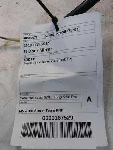 2013 Honda Odyssey Power US Market R. Matte Black L Used OEM Right Door Mirror used OEM door mirror
