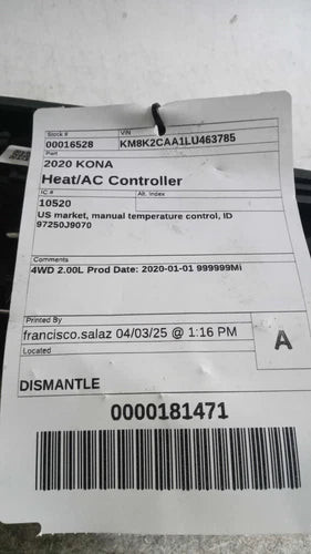 2020 Hyundai Kona US Market Manual Temperature Co Used OEM A/C Selector Switch used OEM A/C climate control module
