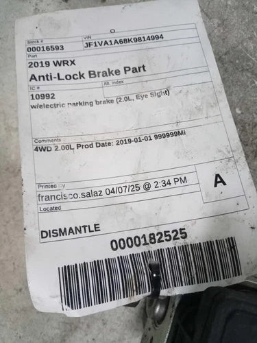 2019 Subaru Wrx W/Electric Parking Brake 2.0L Used OEM ABS Hydraulic Assembly used OEM ABS pump and module assembly