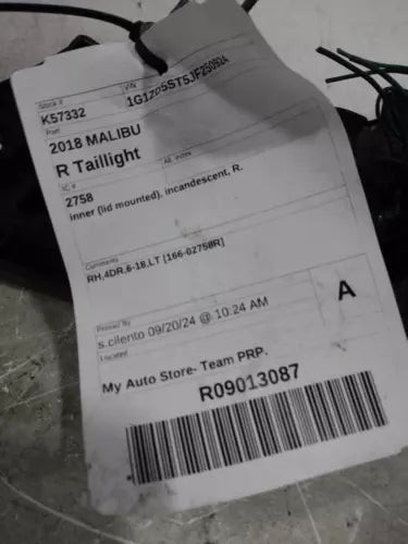 2018 Chevrolet Malibu VIN Z 4TH Digit Used OEM Right Inner Tail Light Assembly used OEM tail light assembly