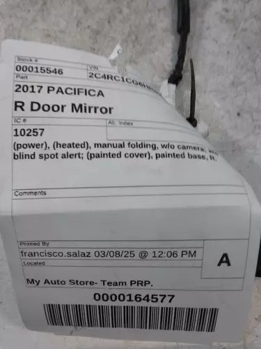 2017 Chrysler Pacifica Power Heated Manual Folding Used OEM Right Door Mirror used OEM door mirror
