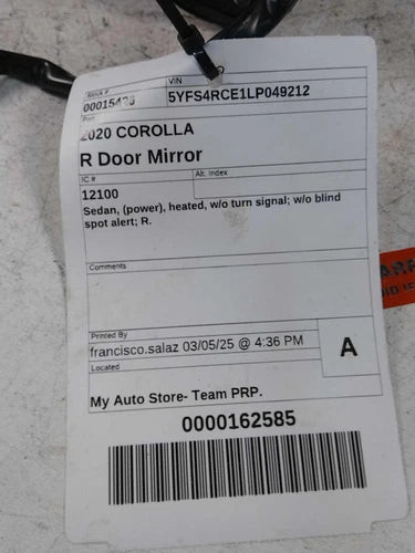 2020 Toyota Corolla Sedan Power Heated W/O Turn Sig Used OEM Right Door Mirror used OEM door mirror