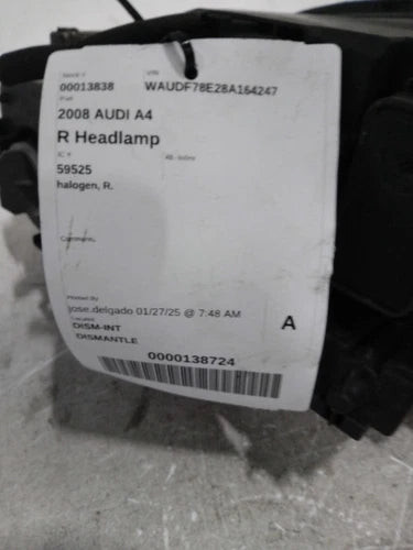 2008 Audi A4 Halogen Conv Right Used OEM Right Headlight Assembly used OEM headlight assembly