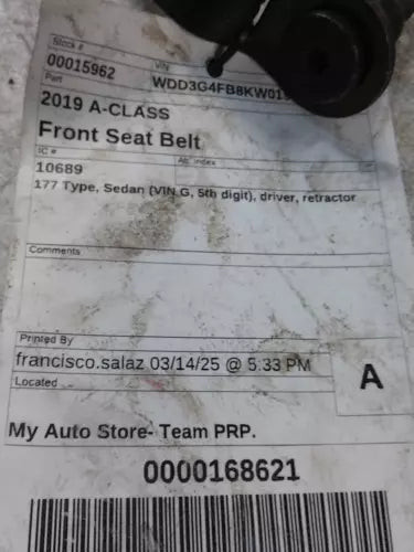 2019 Mercedes-Benz A-Class 177 Type Sedan Used OEM Front Left Seat Belt Front used OEM seat belt