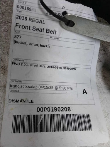 2016 Buick Regal Bucket Driver Buckle Fron Used OEM Front Left Seat Belt Front used OEM seat belt
