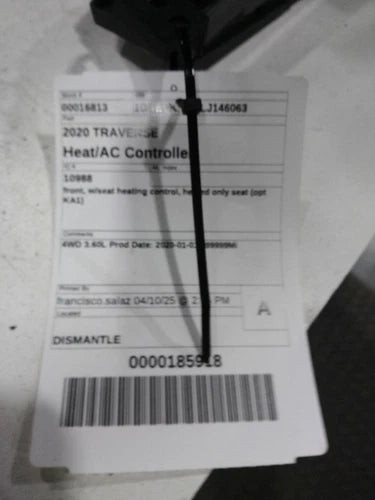 2020 Chevrolet Traverse Front W/Seat Heating Cont Used OEM A/C Selector Switch used OEM A/C climate control module