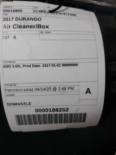 2017 Dodge Durango Used OEM Air Cleaner Assembly used OEM air cleaner assembly