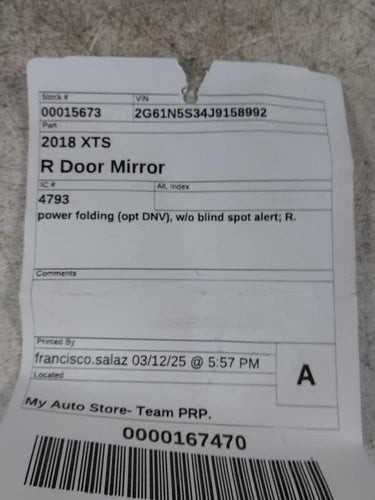 2018 Cadillac Xts power folding opt DNV w/o blind s Used OEM door mirror used OEM door mirror