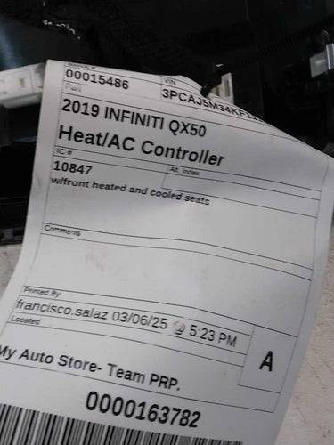 2019 Infiniti qx50 w/front heated and co Used OEM A/C climate control module used OEM A/C climate control module