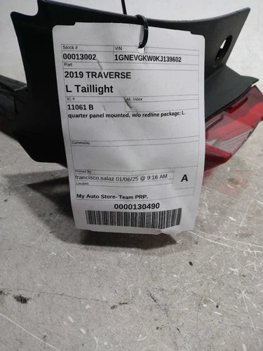 2019 Chevrolet Traverse quarter panel mounte Used OEM tail light used OEM tail light