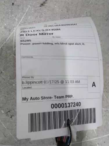 2013 Lexus rx450h Power power folding w/o bli Used OEM door mirror used OEM door mirror
