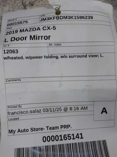 2019 Mazda cx-5 w/heated w/power folding w/o s Used OEM door mirror used OEM door mirror
